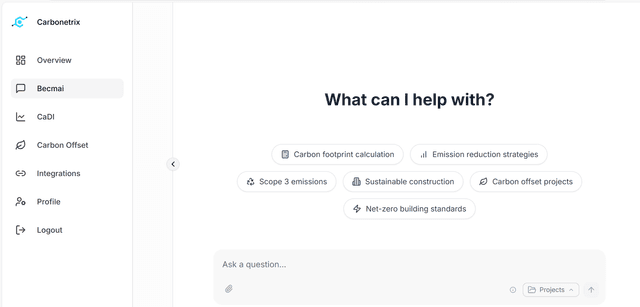 BECMAI Dashboard - Carbon Recommendations BECMAI dashboard displaying structured carbon advice and sustainability recommendations for construction projects