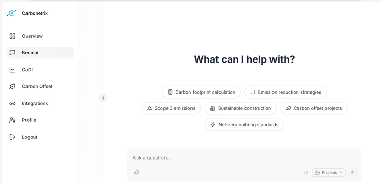 BECMAI Dashboard - Carbon Recommendations BECMAI dashboard screenshot displaying structured carbon advice and recommendations