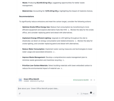 BECMAI AI Interface - Carbon Questions BECMAI carbon co-pilot interface showing AI-powered carbon question input for construction professionals